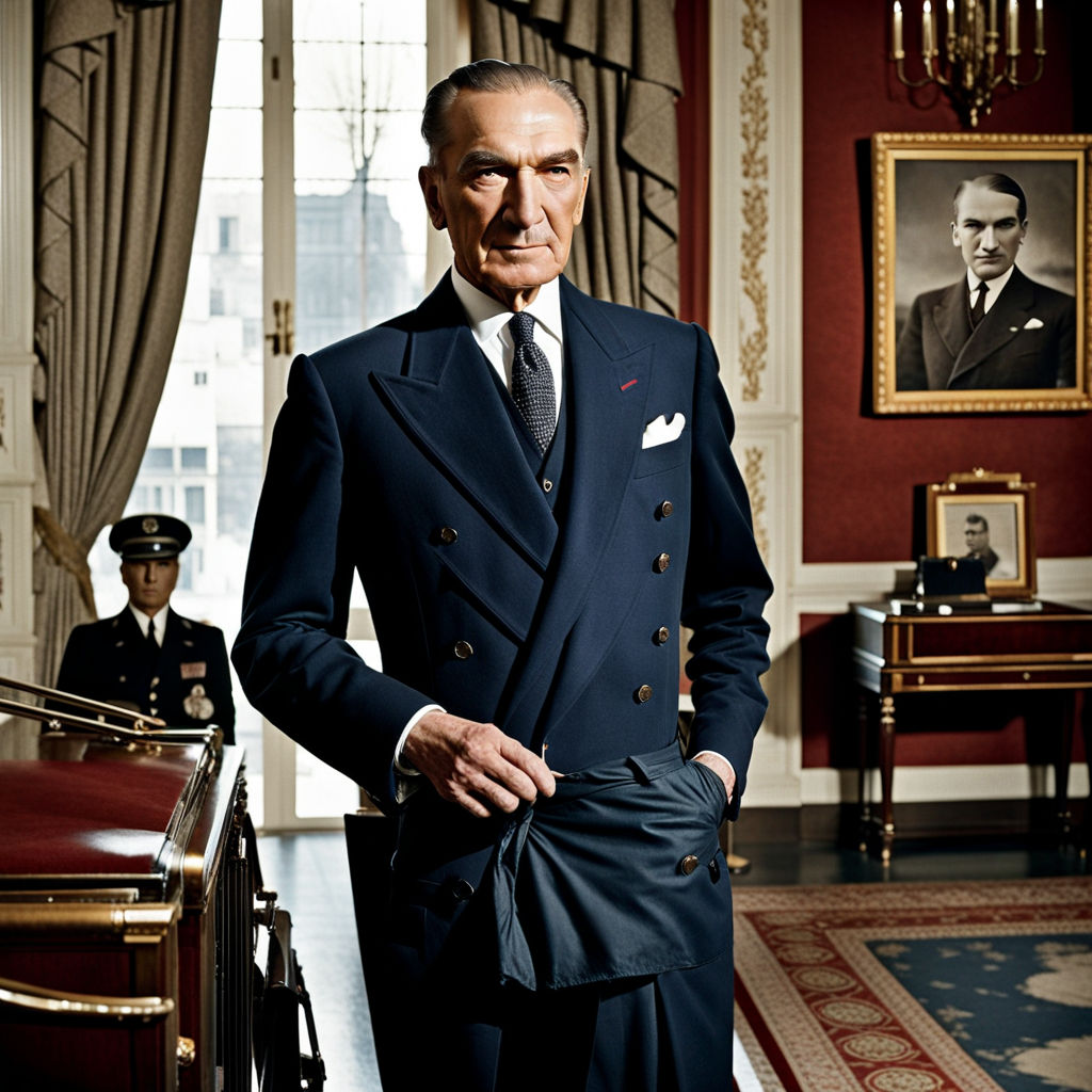 Mustafa Kemal Atatürk strolls confidently down a 1930s stree... by