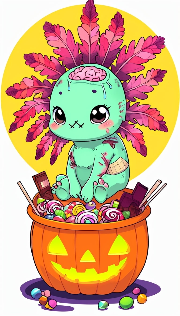 Mint Green Whimsical Creature with Pumpkin and Candy Illustration Art