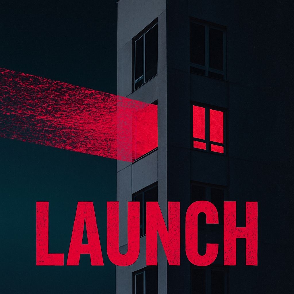 Modern Dark Building with Red Illuminated Launch Text Album Cover