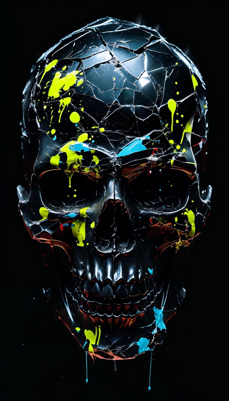 Evil Hyperrealistic Obsidian Skull with Colorful Paint Splashes Mobile Wallpaper