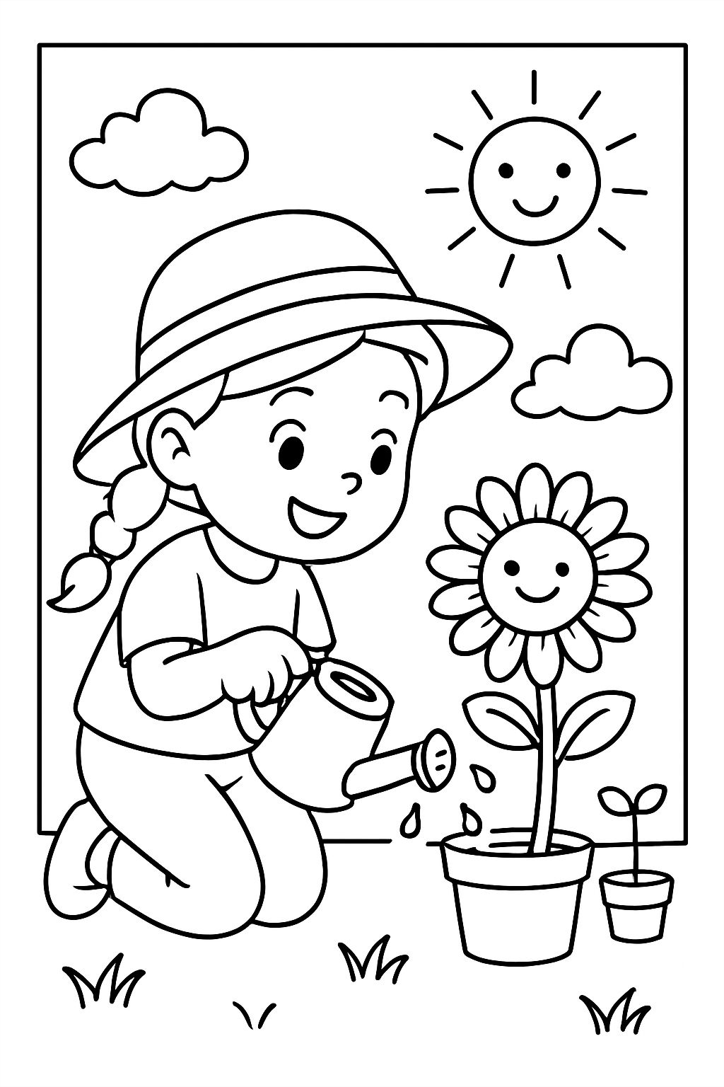 Cheerful Child Watering Flowers in Garden Coloring Page