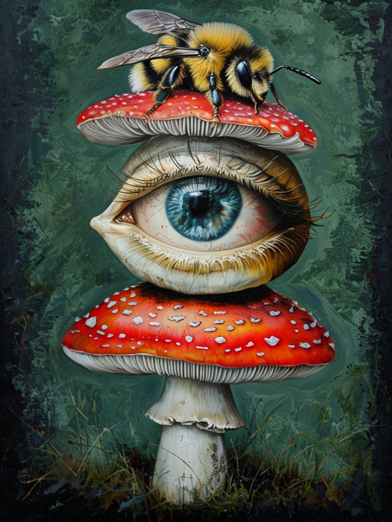 Surreal Mushroom Stack with Bumblebee Fantasy Poster