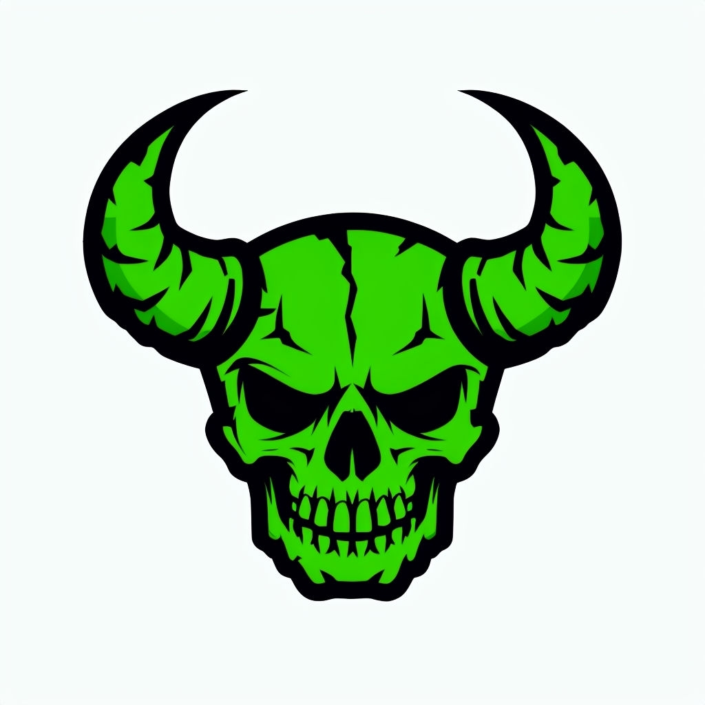 Vibrant Lime Green Stylized Skull with Horns Sticker