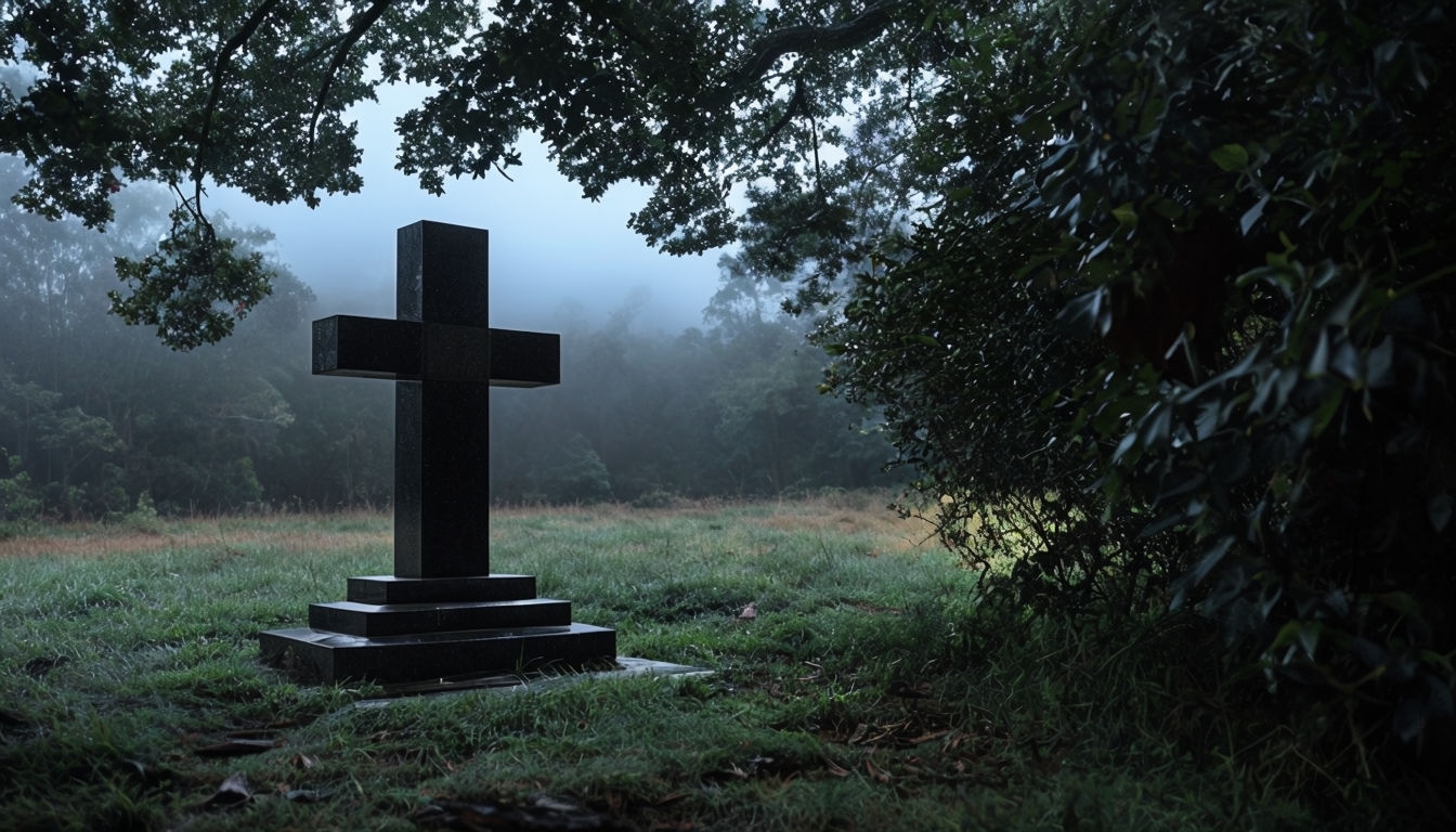 Somber Black Granite Cross in Misty Landscape Virtual Backgrounds