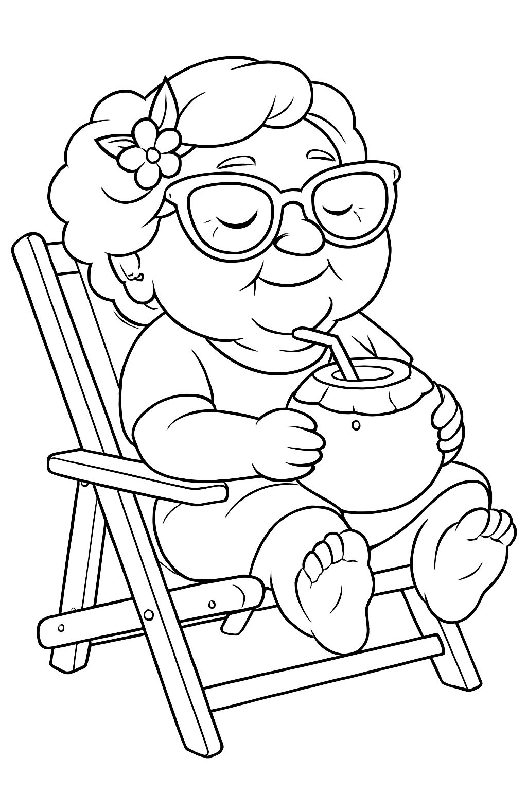 Cheerful Elderly Character Enjoying a Coconut on Beach Chair Coloring Book Pages