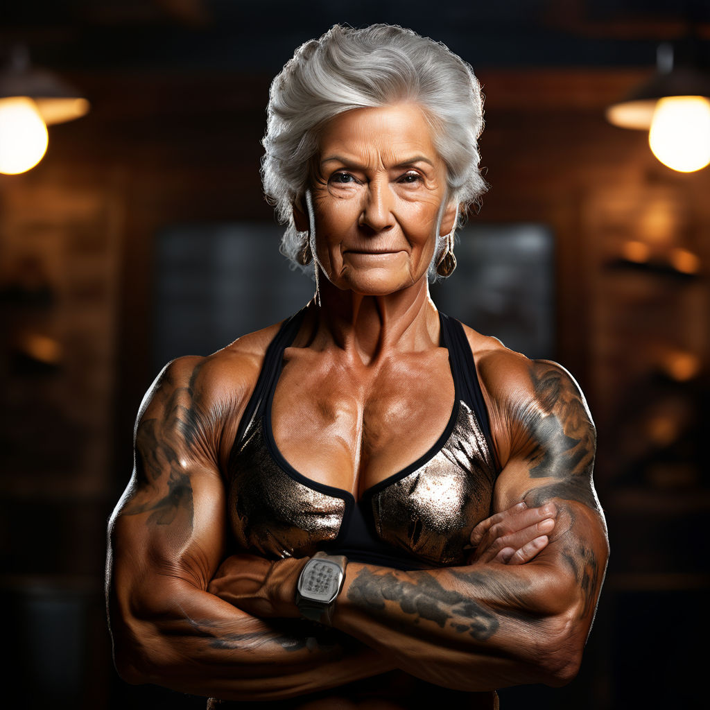 a old woman flexing big muscles