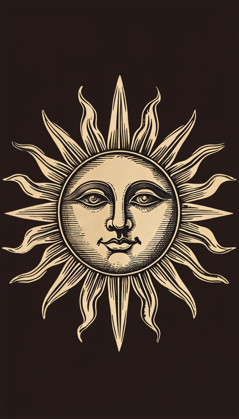 Intricate Vintage Sun Face Illustration with Rays Art