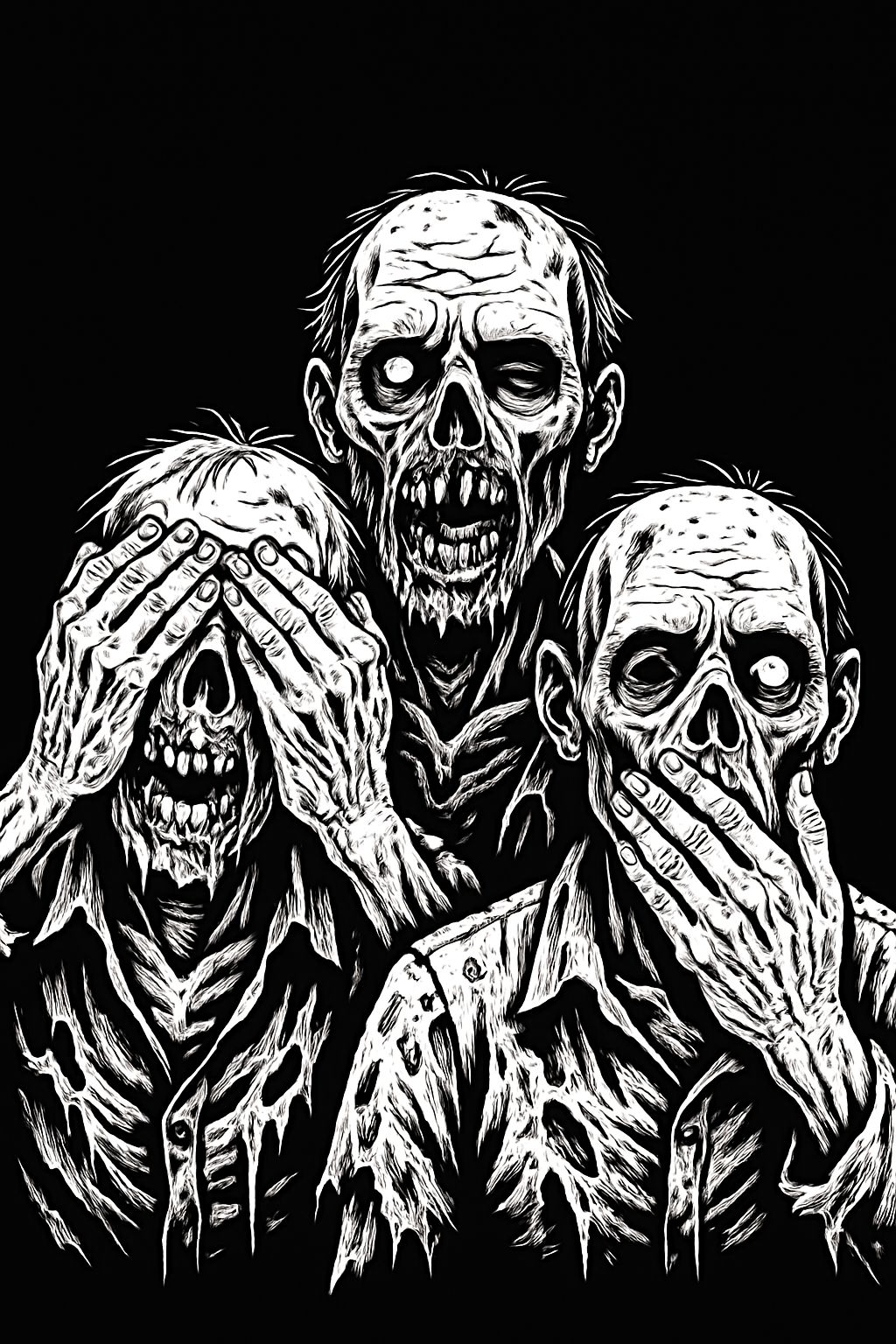 Three Horror Zombies Black and White Illustration T-Shirt