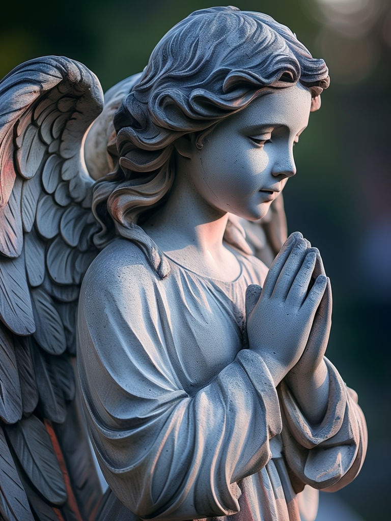 Intricate Stone Angel Statue in Serene Surroundings Art