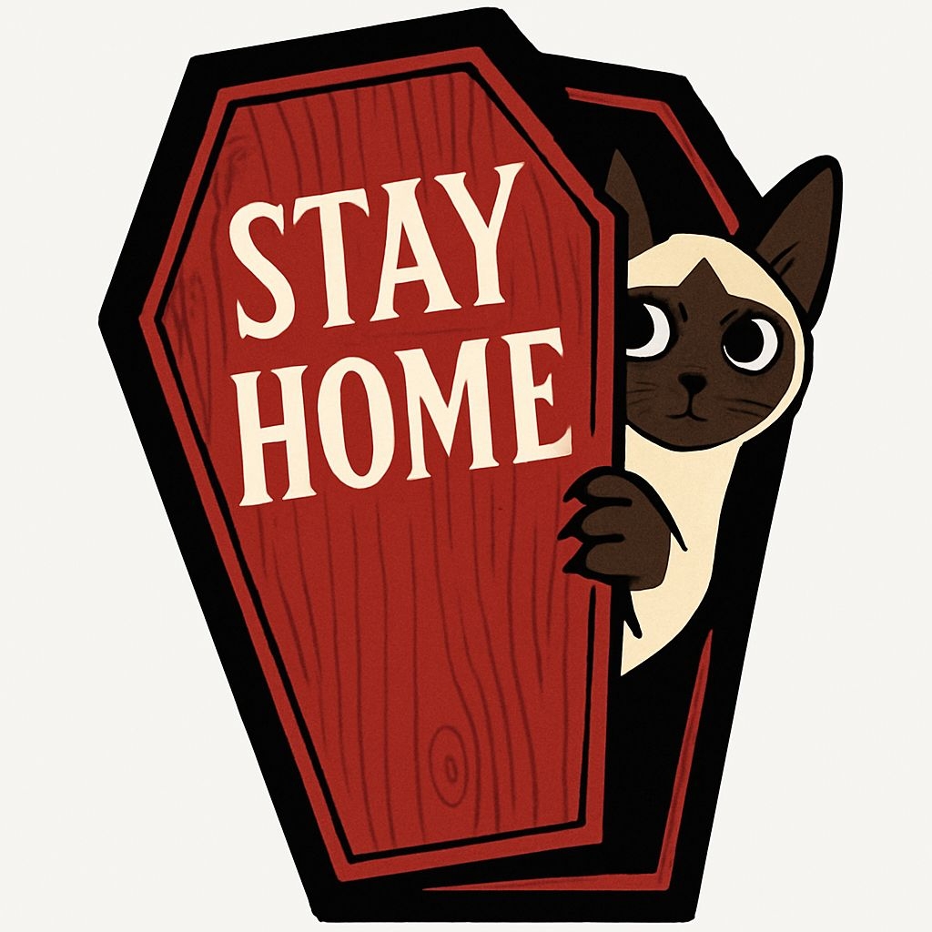 Siamese Cat Peeking from Coffeein Coffin Stay Home Sticker