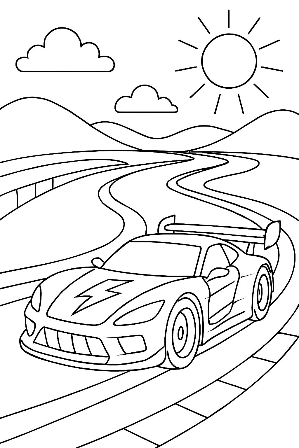 Sleek Sports Car Racing Scene Line Art for Coloring Book Pages
