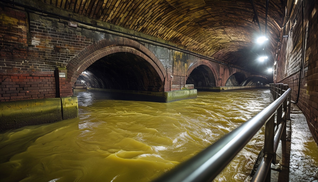 Eerie Underground Tunnel with Murky Waterway Virtual Backgrounds