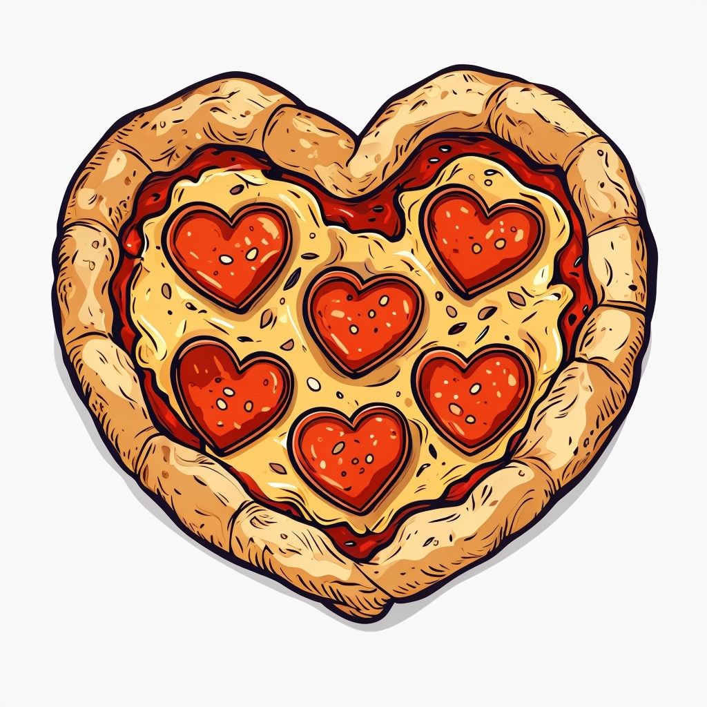 Cheerful Cartoon Heart-Shaped Pizza Illustration Sticker