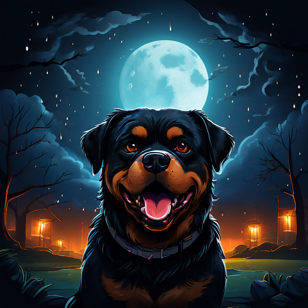 Prompt: Cartoon big angry viscous Rottweiler  dark rainy late night in a park moon light 
