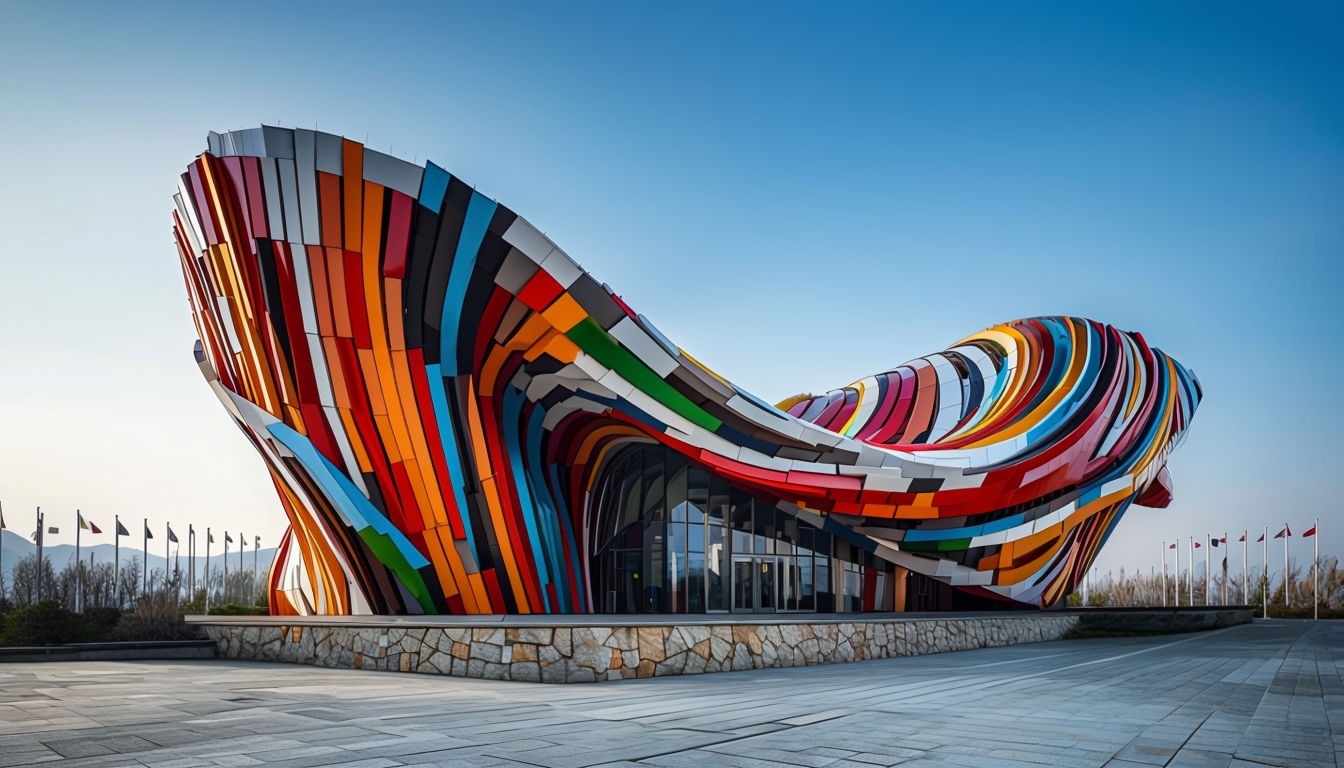 Vibrant Modern Architectural Structure with Colorful Stripes Virtual Backgrounds
