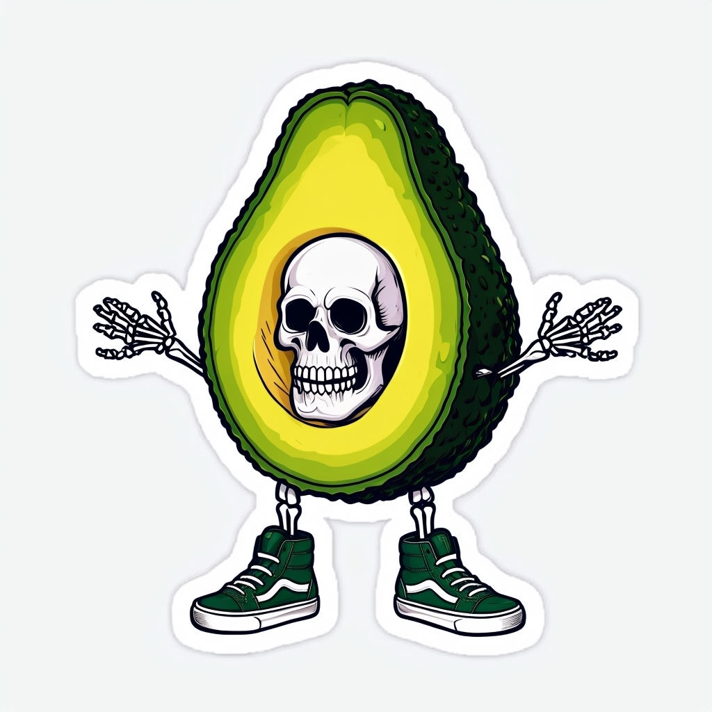 Whimsical Avocado Skeleton Character Cartoon Sticker