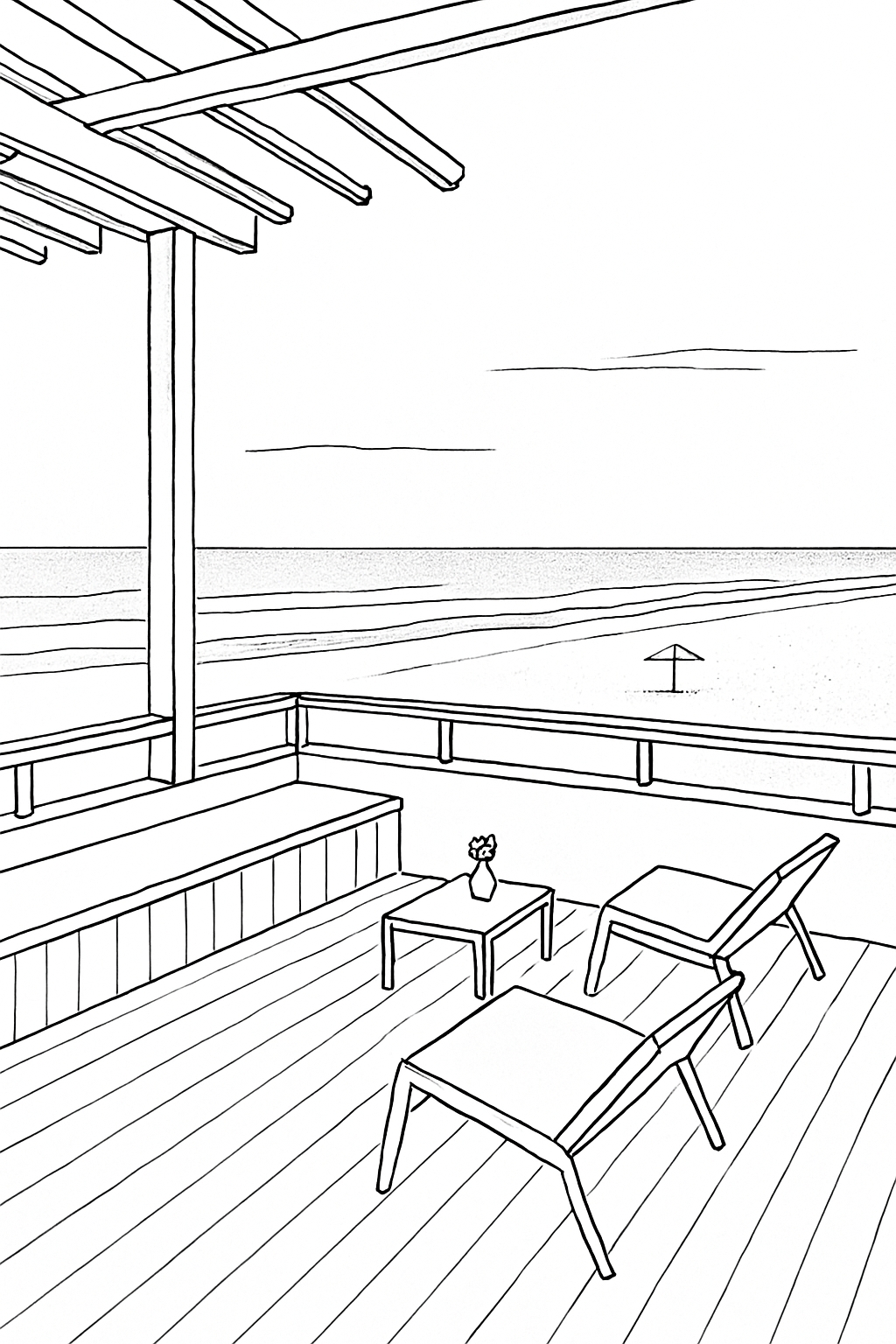 Minimalist Line Drawing of Serene Beach Terrace Coloring Book Pages