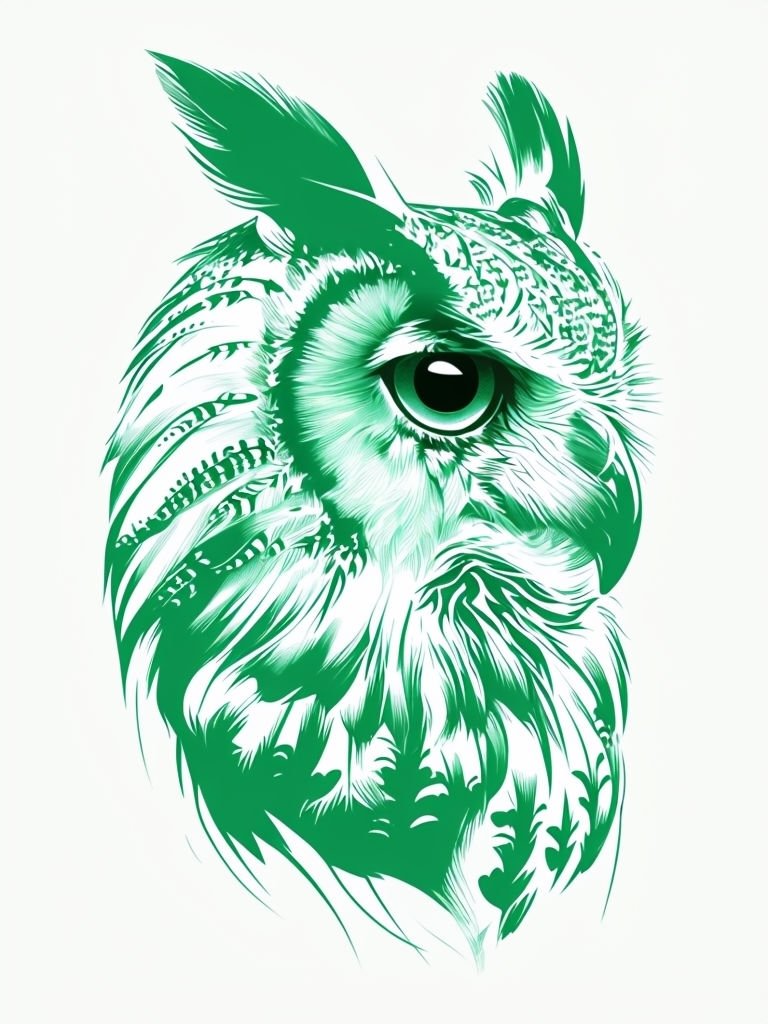 Vibrant Emerald Green Great Horned Owl Design T-Shirt