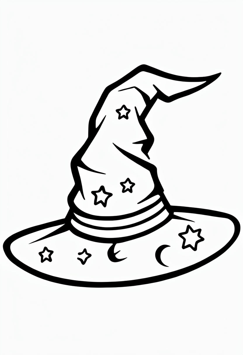 Stylized Wizard's Hat Line Art for Creative Coloring Book Pages