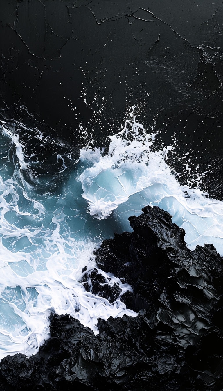 Dynamic Night Waves Crashing on Black Volcanic Rock Mobile Wallpaper