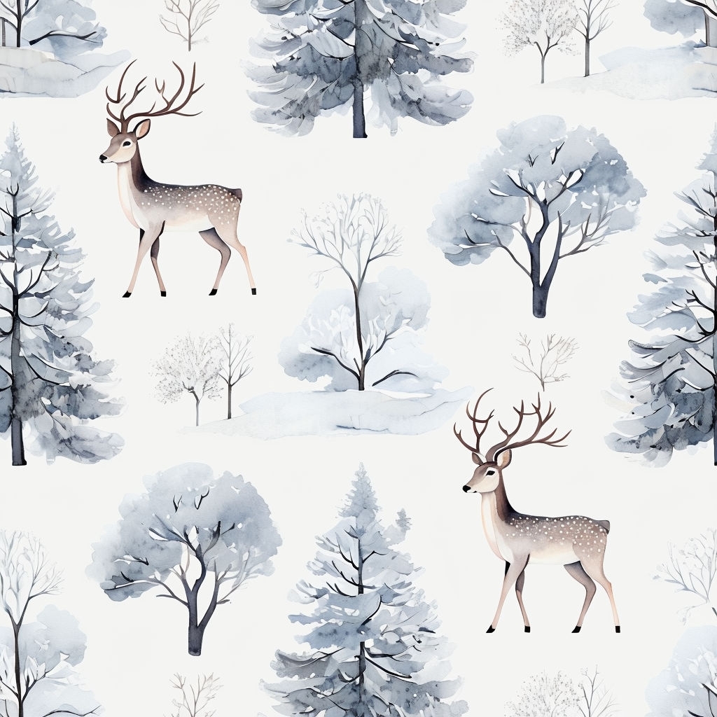 Elegant Woodland Deer and Winter Trees Seamless Pattern