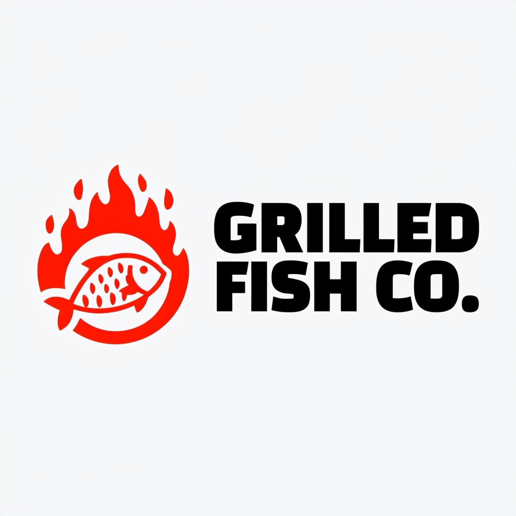 Minimalist Grilled Fish Co. Logo with Flame Graphic Design