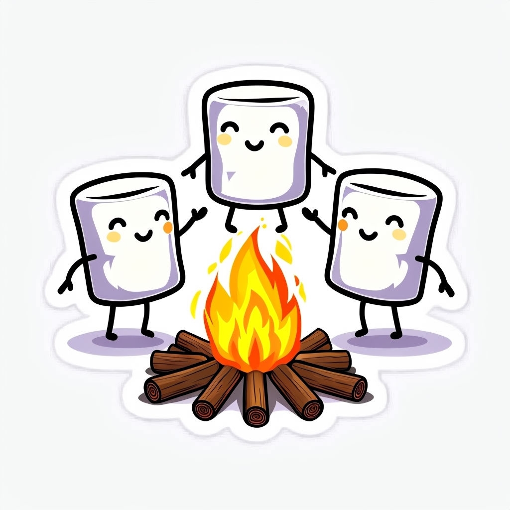 Cheerful Cartoon Marshmallows Around Campfire Sticker