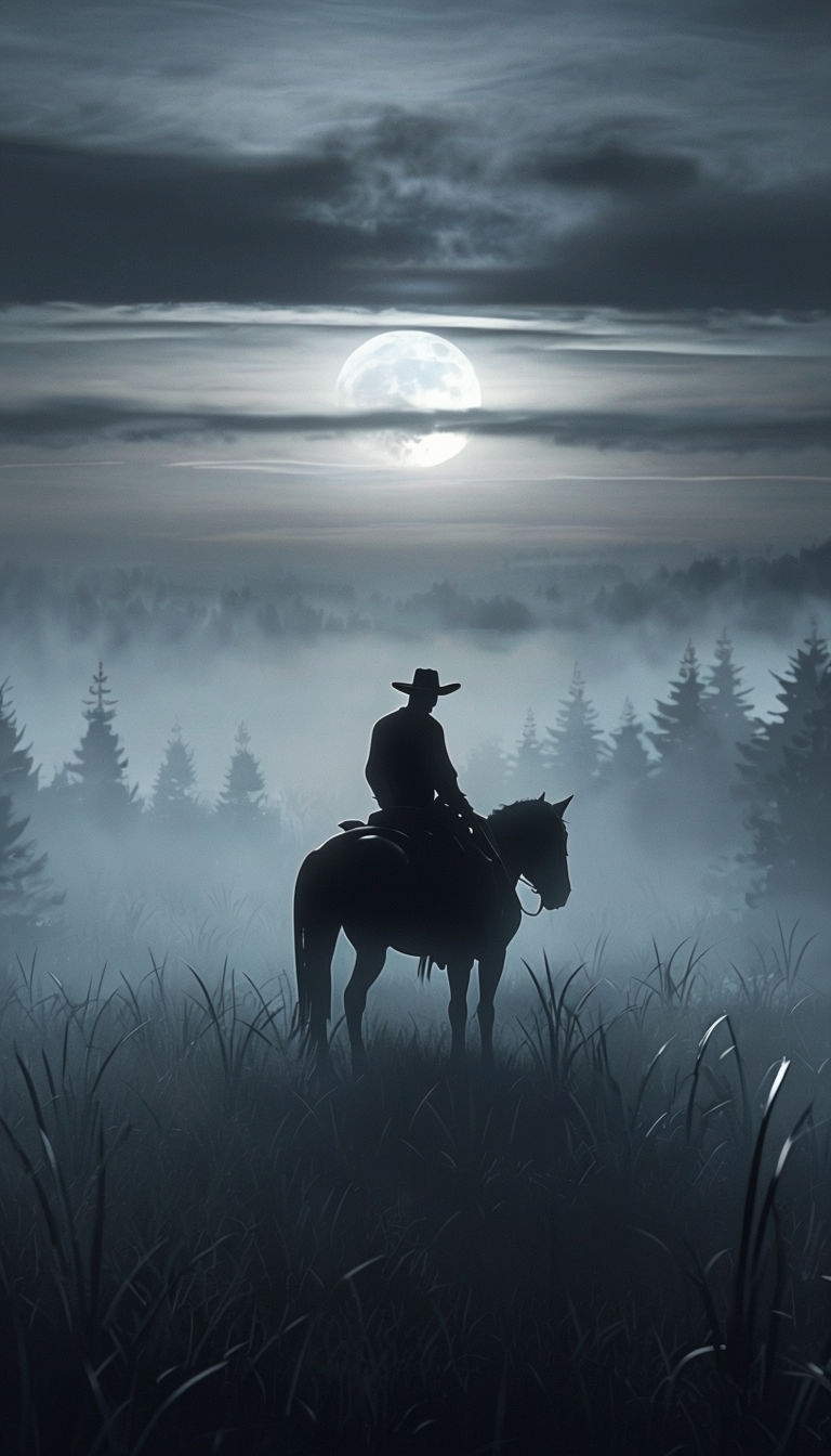 Misty Cowboy Silhouette Against a Moonlit Landscape Mobile Wallpaper