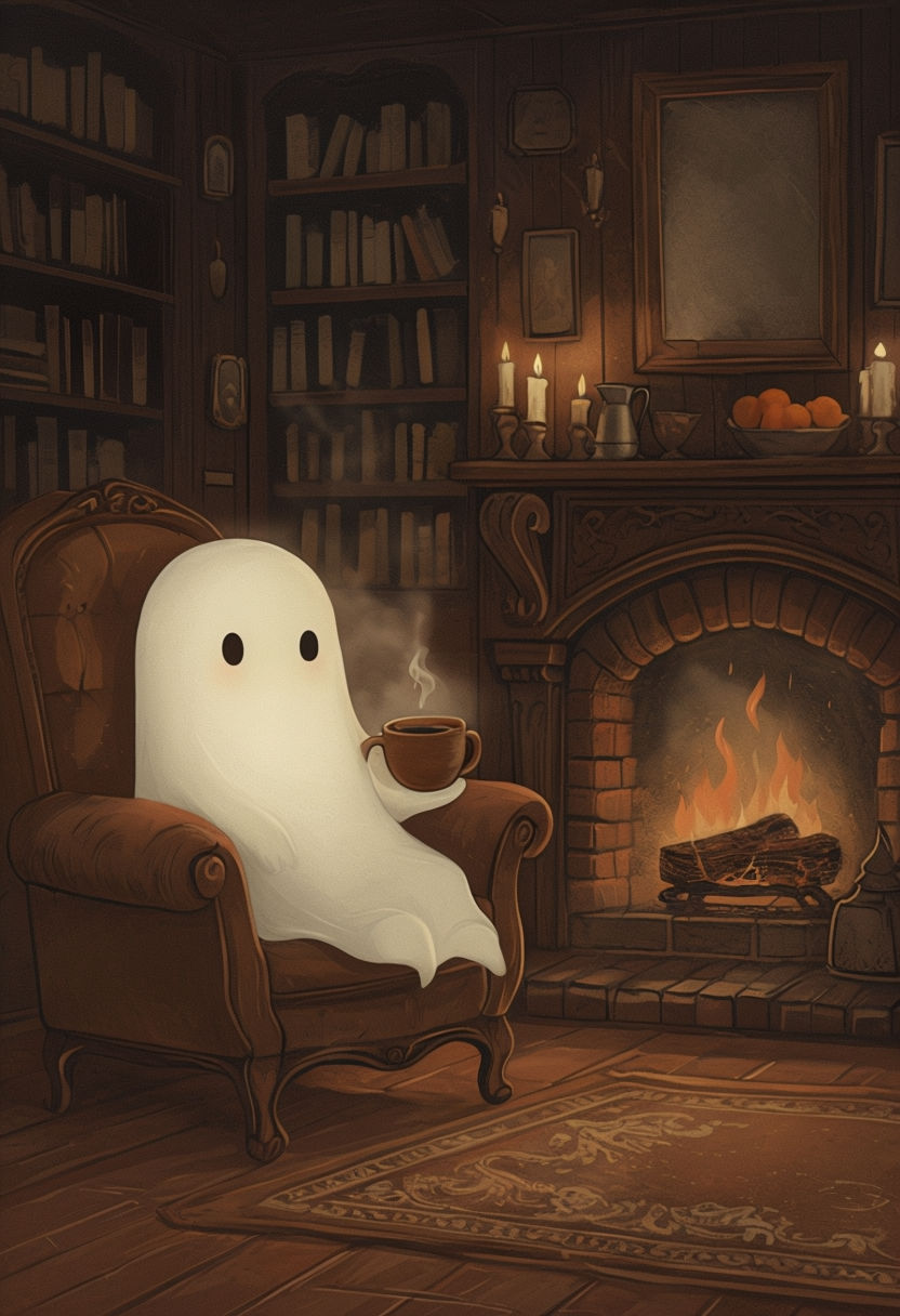 Cozy Ghost Character in Vintage Armchair Art for Warm Ambiance Poster