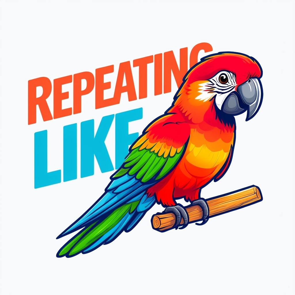 Vibrant Cartoon Parrot with Bold Text 'REPEATING LIKE' Sticker