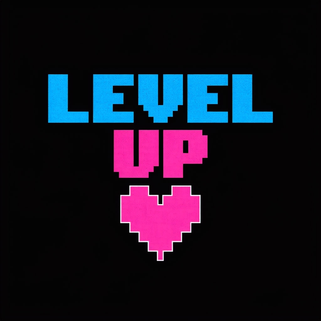 Retro Level Up Pixel Art T-Shirt Design with Heart Graphic