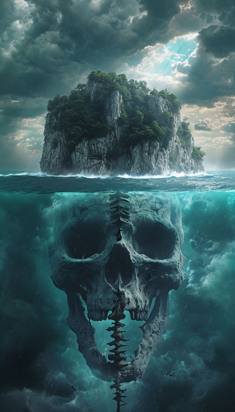 Surreal Floating Island and Underwater Skull Art Mobile Wallpaper