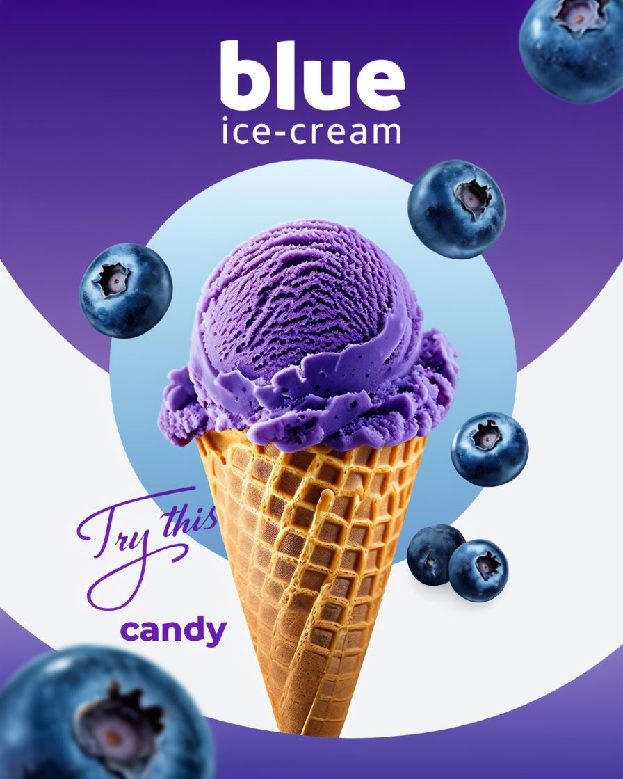 Vibrant Blue Ice Cream Promotion with Waffle Cone and Blueberries Ads