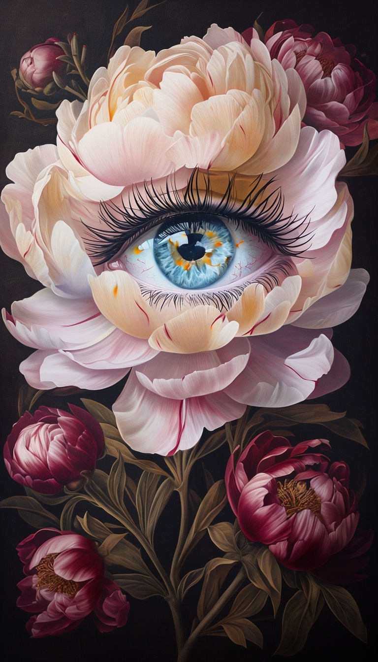 Surreal Eye in Floral Composition Surrounded by Peonies Art