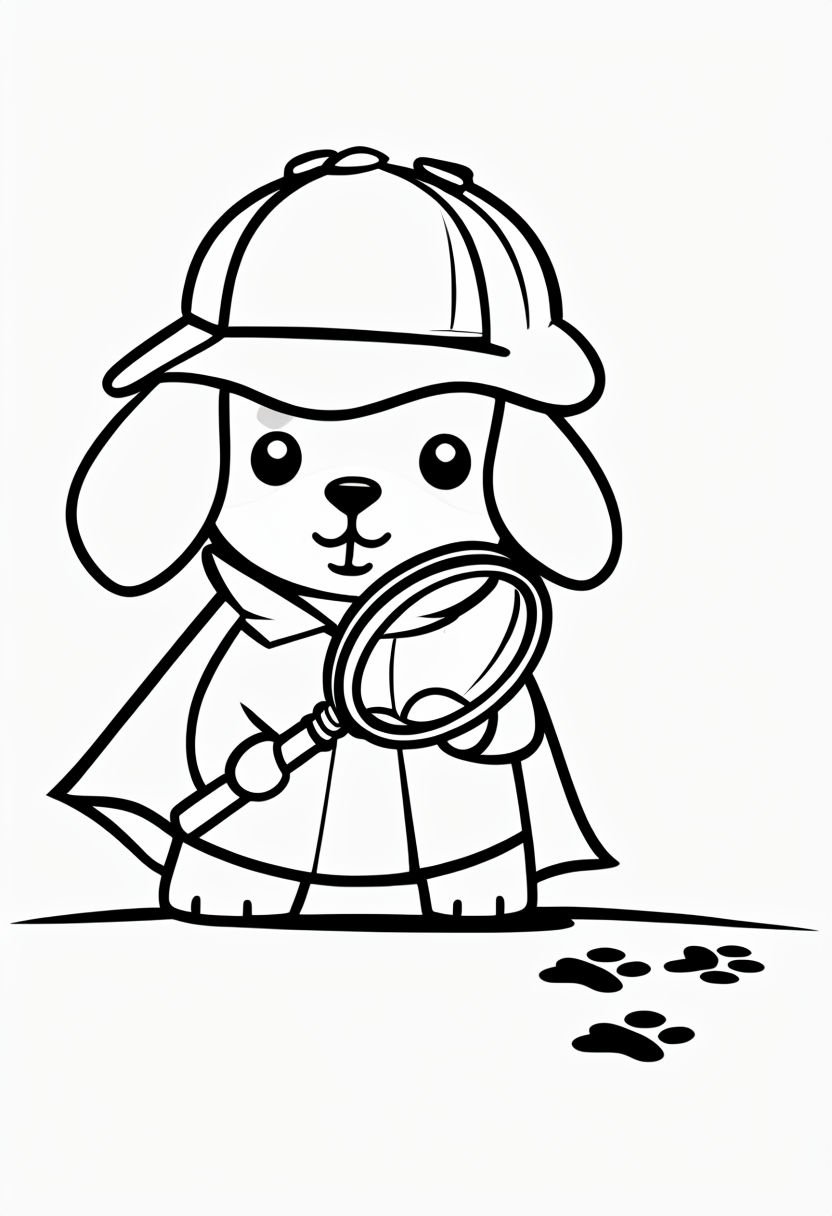 Cute Detective Dog Character with Magnifying Glass Coloring Page