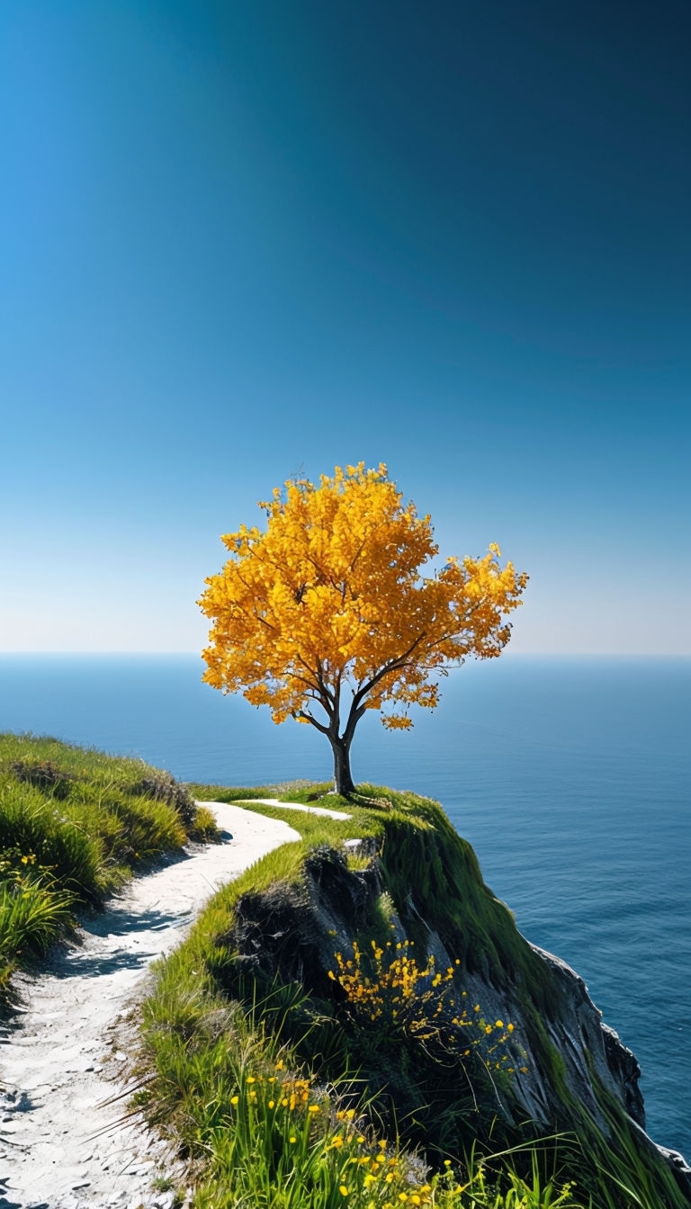 Golden Yellow Leaves Tree Overlooking Calm Ocean Mobile Wallpaper