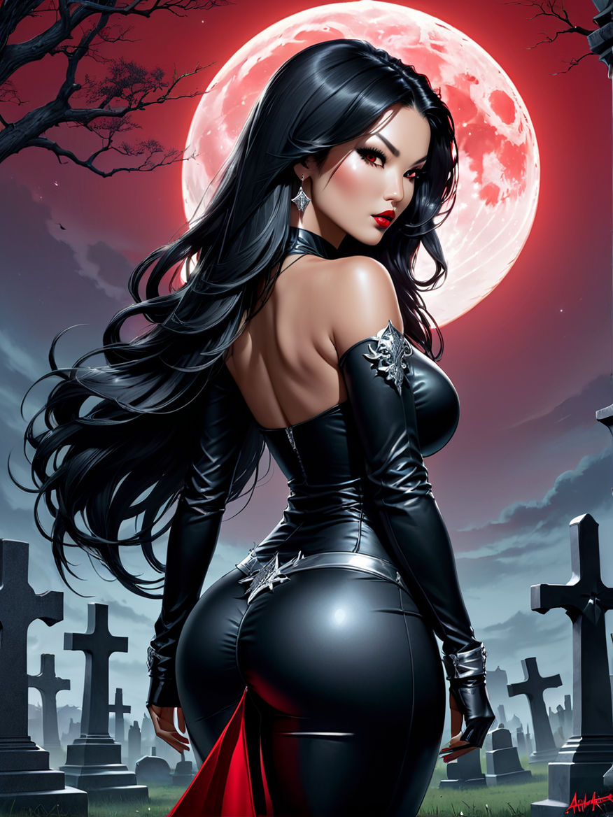 Gothic Vampire woman twerks atop a steeple trying to arouse the pope. The  Full Moon Rises in the background.