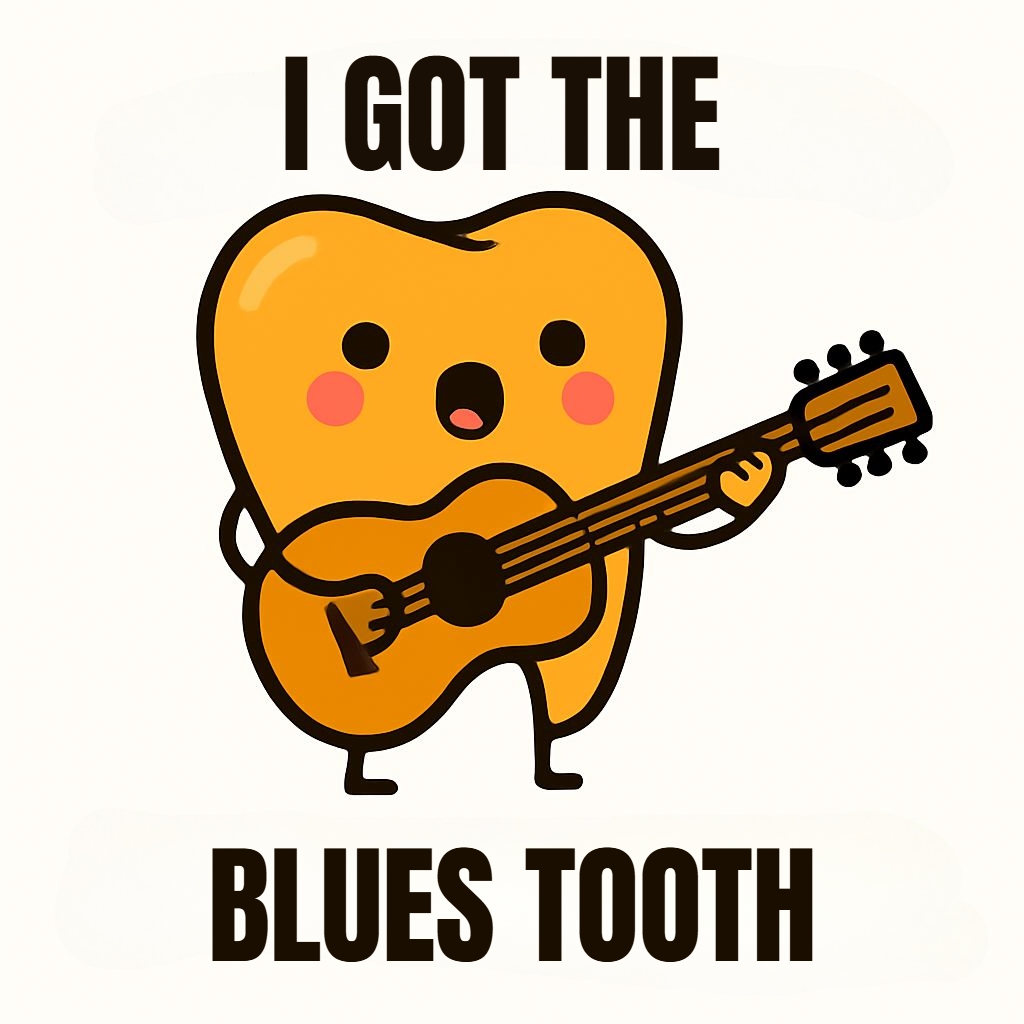 Whimsical Cartoon Blues Tooth Character with Guitar Sticker