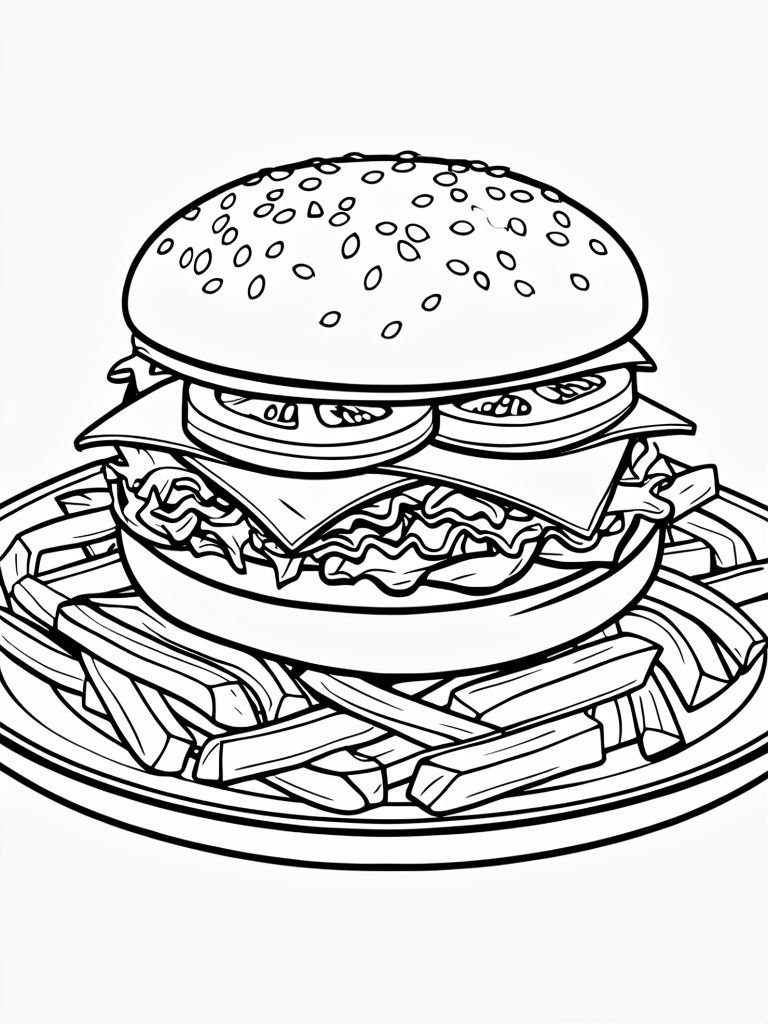 Playful Burger and Fries Coloring Page Illustration