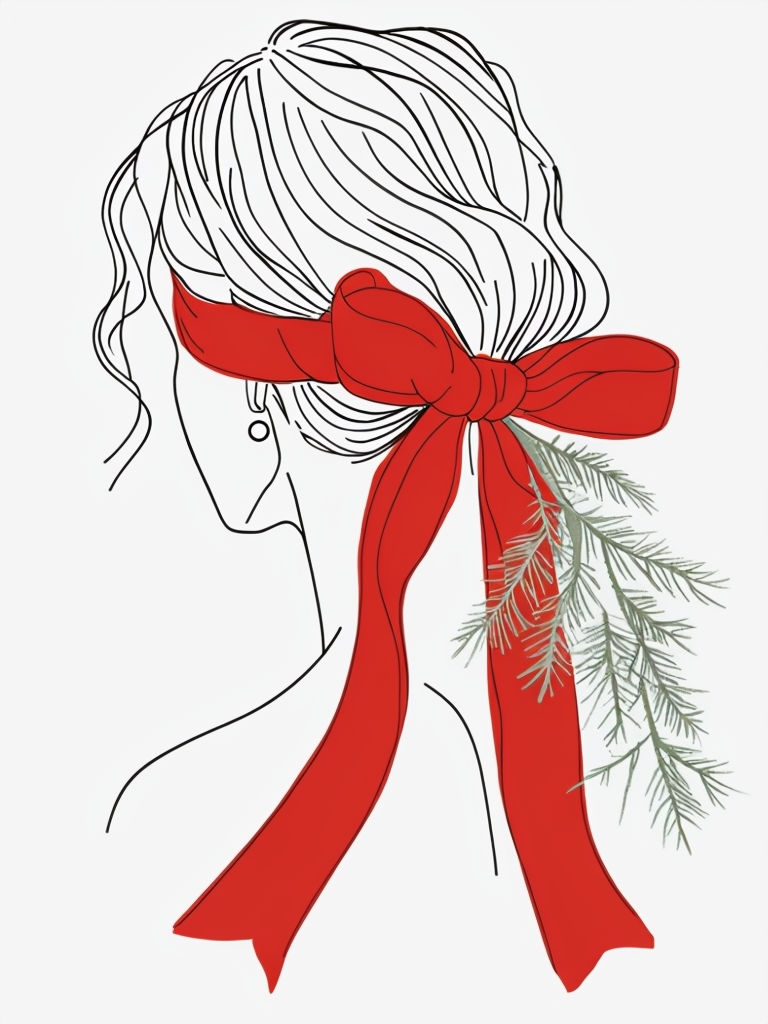 Elegant Woman with Red Ribbon and Pine Branches Drawing