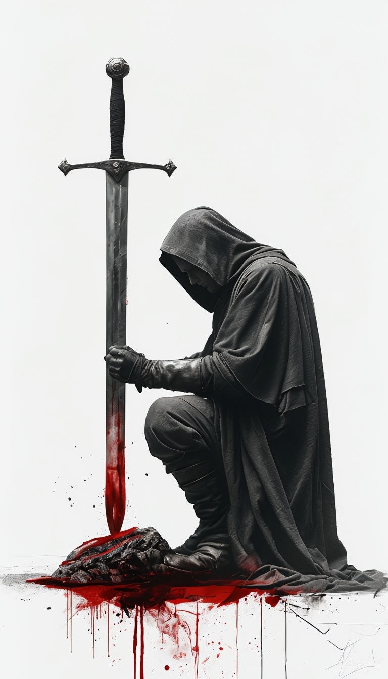 Somber Hooded Figure with Sword Digital Art Mobile Wallpaper
