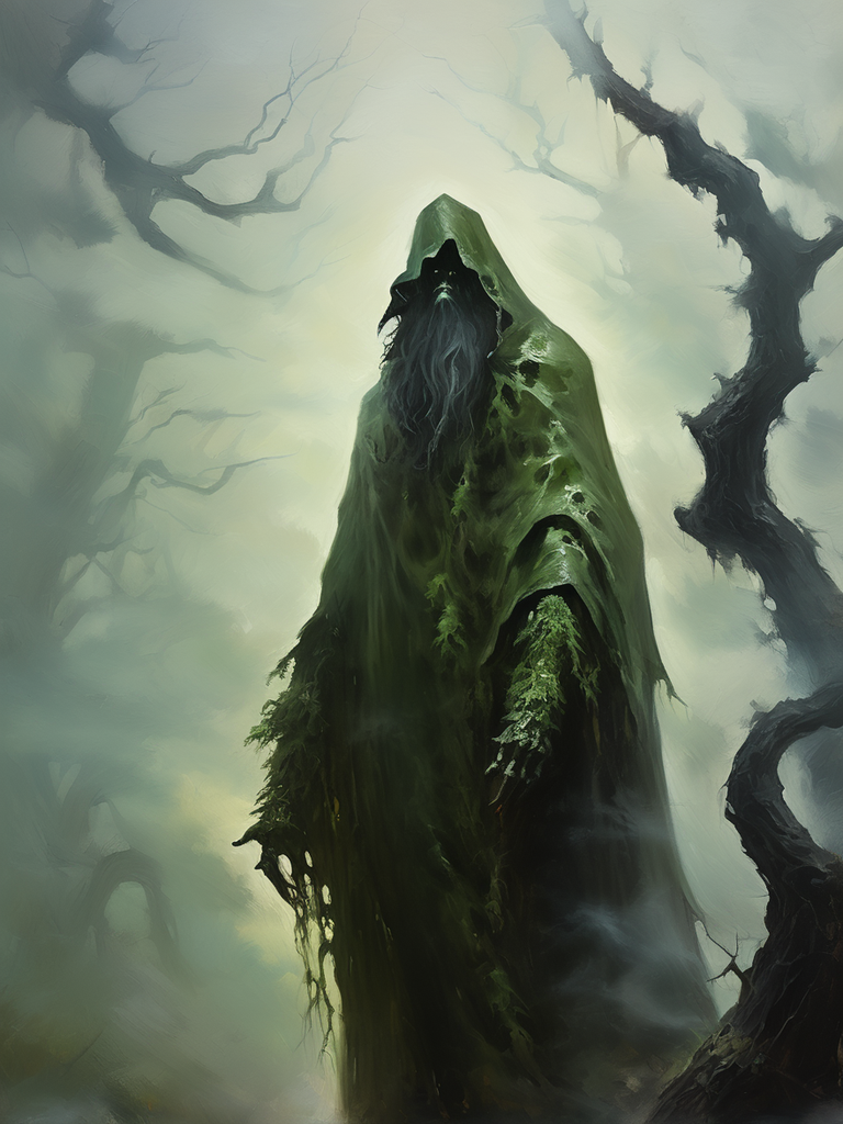 An oil painting of a forest giant wearing a cloak of moss by Casey ...