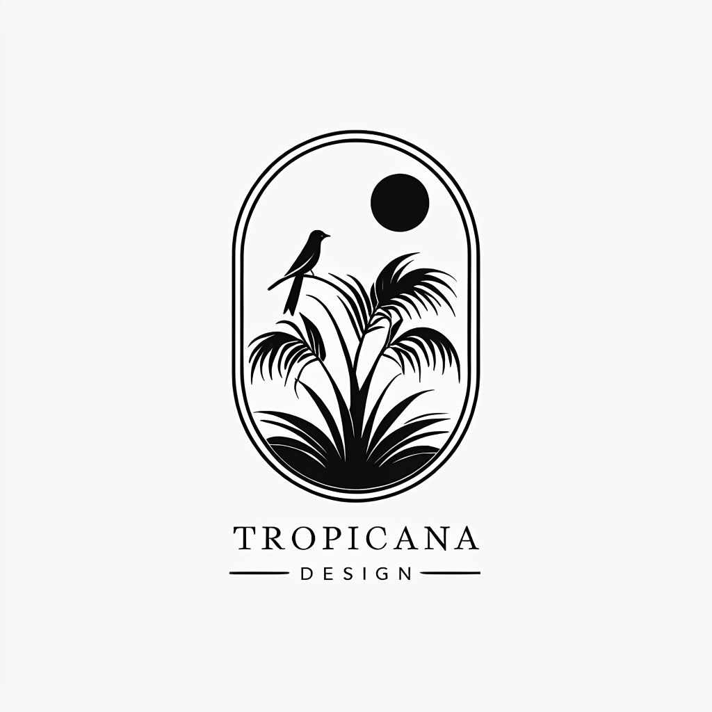 Minimalist Tropicana Line Art Logo with Palm Fronds and Bird Logo