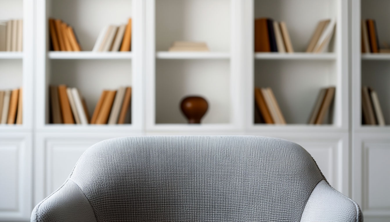 Minimalist Gray Chair with Bookshelf Virtual Background
