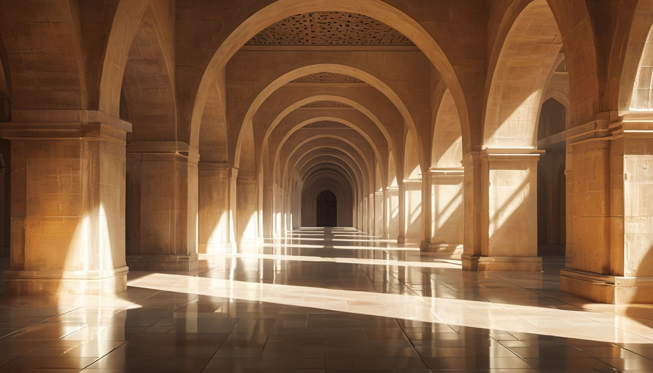 Elegant Arched Corridor with Sunlight and Shadows Photograph Art