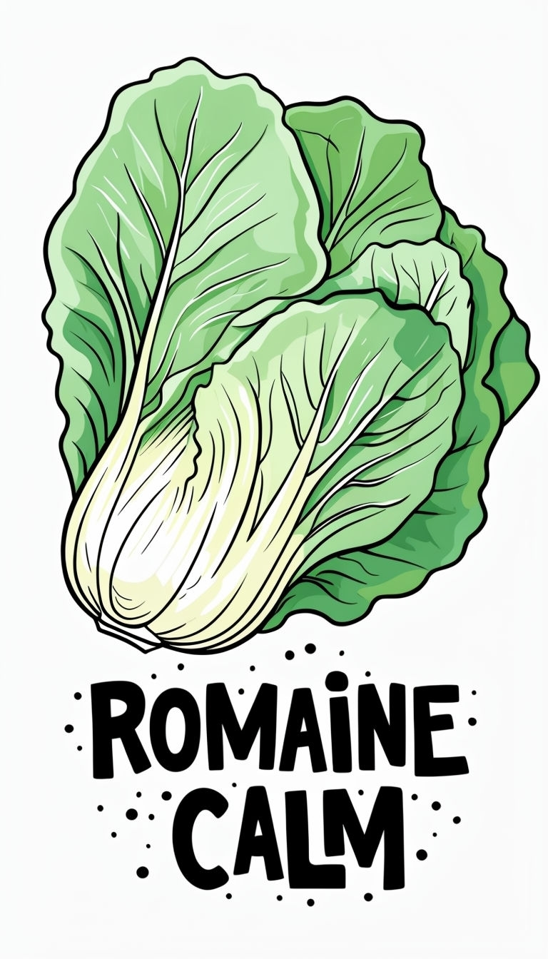 Whimsical Bok Choy Illustration with 'Romaine Calm' Text Sticker