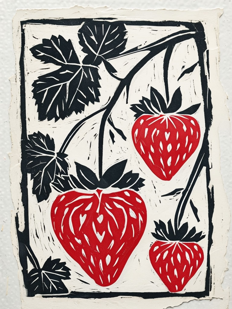 Stylized Red and White Strawberry Plant Linocut Artwork Poster