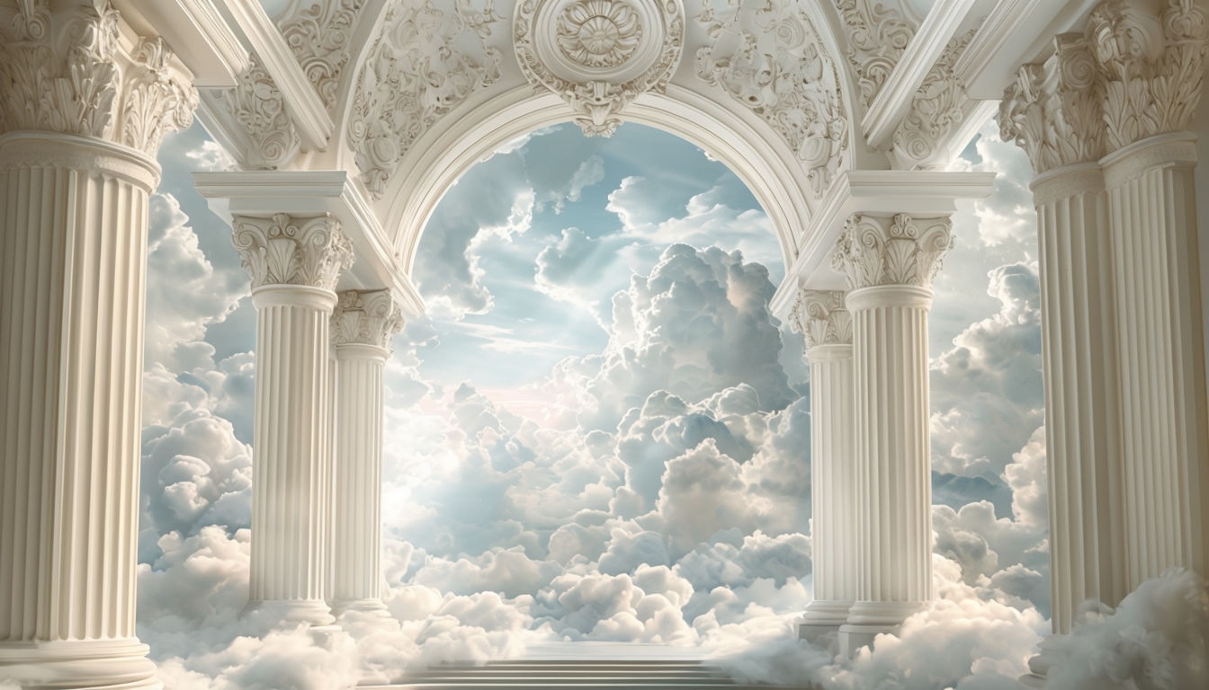 Majestic Ethereal Archway Surrounded by Fluffy Clouds Background