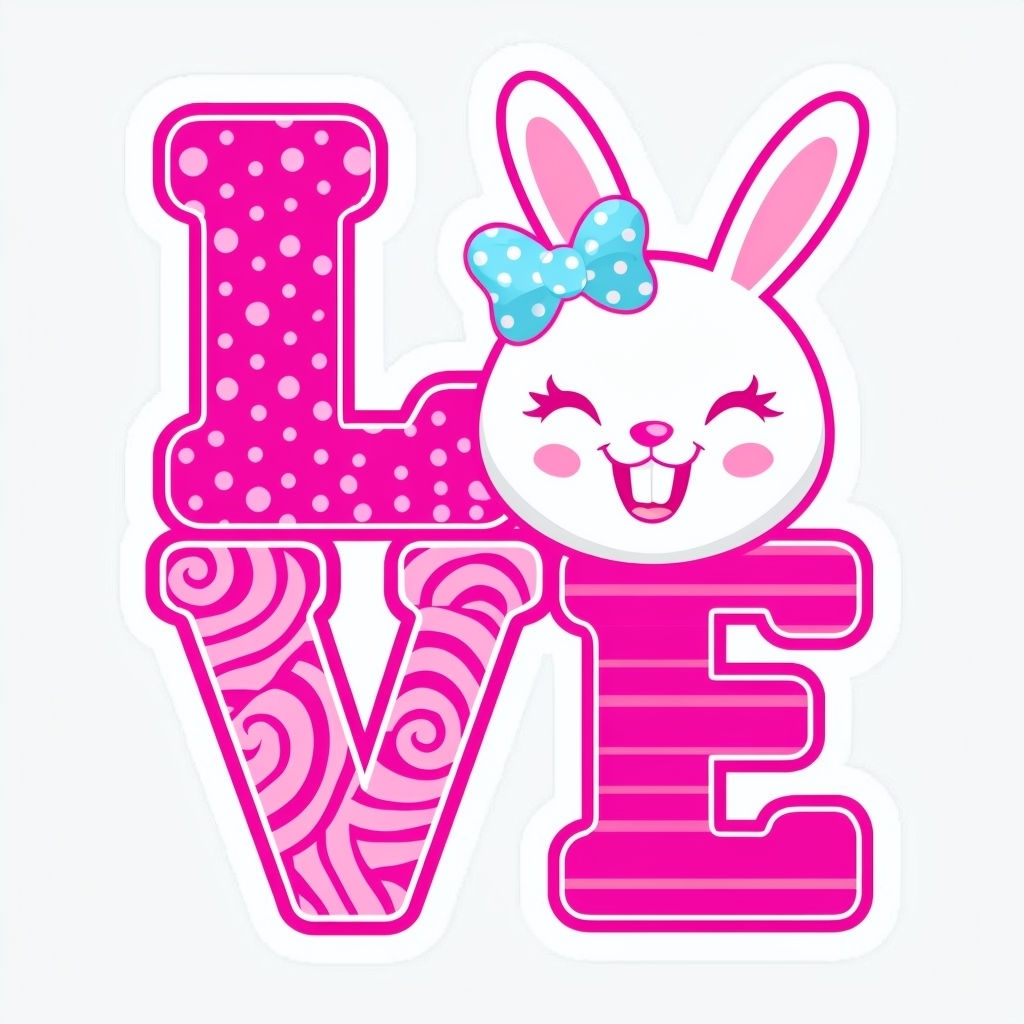 Colorful Love Text with Cartoon Bunny Illustration Sticker