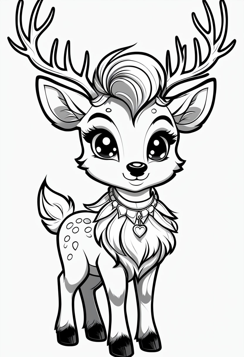 Whimsical Black-and-White Deer Character Coloring Book Page